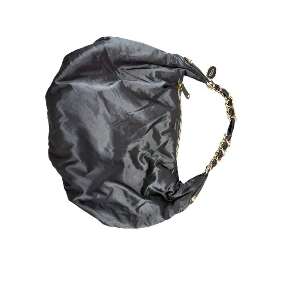 TOD’S Black Hobo Nylon Shoulder Bag w/ Gold Chain Strap & Leather Trim, Italy